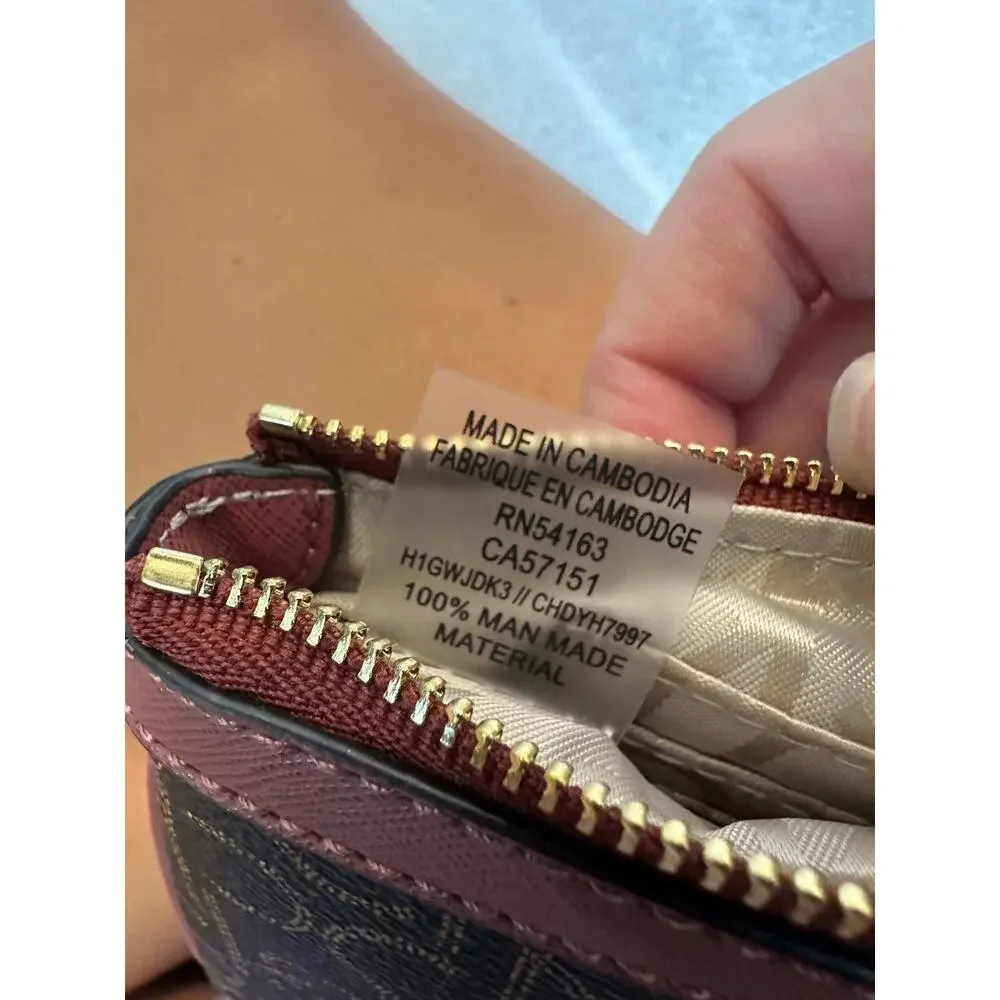 EUC Calvin Klein CK Monogram Wristlet Brown Burgundy Gold Zip Clutch RN54163